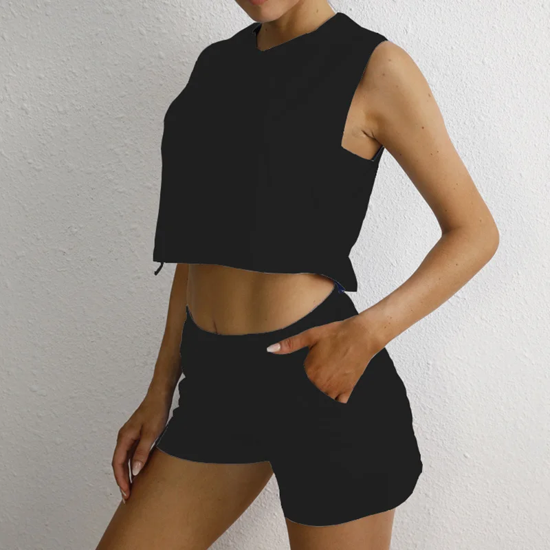 

Summer Women Sports 2 Pieces Set Solid Cotton Hooded Sleeveless Vest T-shirt Suit Pocket Shorts Home Tracksuit Casual Outfits