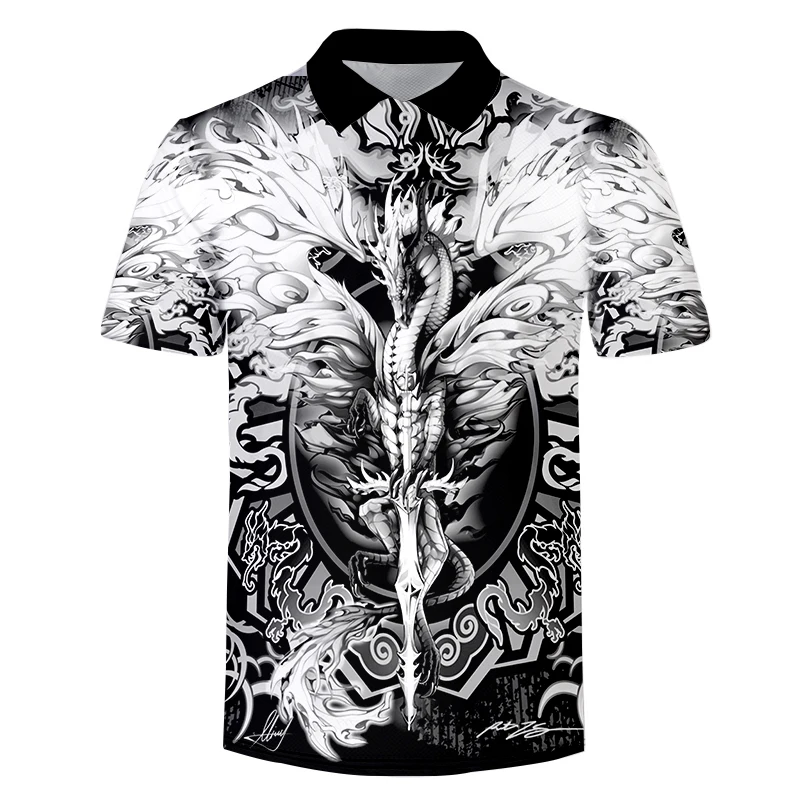 

Men's Polo Shirt Men Black White Dragon Totem Polo Shirts Brand Men Short-Sleeved Shirt Summer Shirt Man Clothing Asian Size 4XL