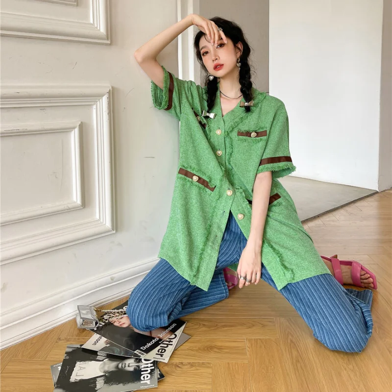 

Kimotimo Green Tassel V-neck Dress Women 2021 Summer Pearl Button Single Breasted Short Sleeve Mid-length Shirt Dresses Vintage