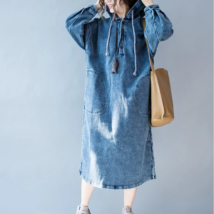 Fashion Oversized Hooded Denim Dress Women Casual Long Sleeve Loose Black Autumn Winter Dresses Female | Женская одежда