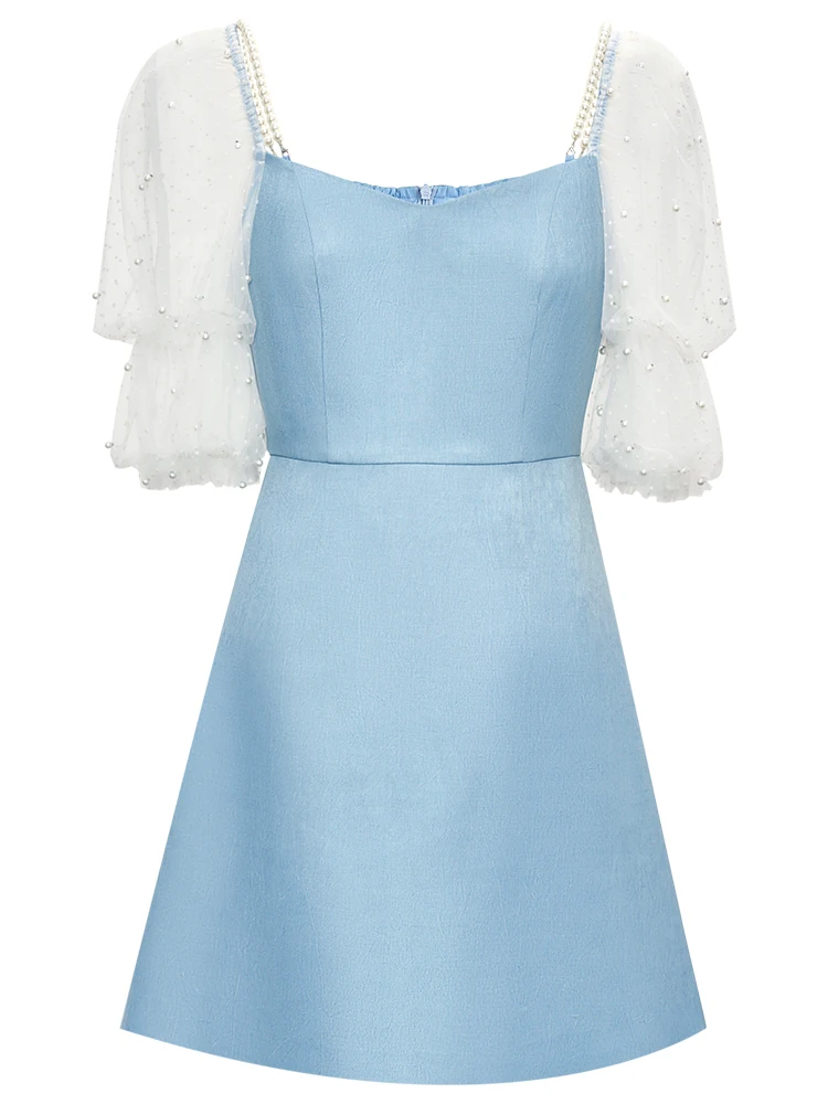 

2021 Summer New Temperament Mesh Puff Sleeve Imitation Pearl Strap Dress for Women Plus Size Bridesmaid Dress Ruched Cheongsam