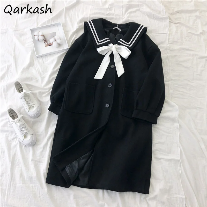 

Wool Blends Women Sweet Design Bow Sailor Collar Thicker Woolen Outwear Preppy Japanese Style Trendy All-match Winter Coats Girl