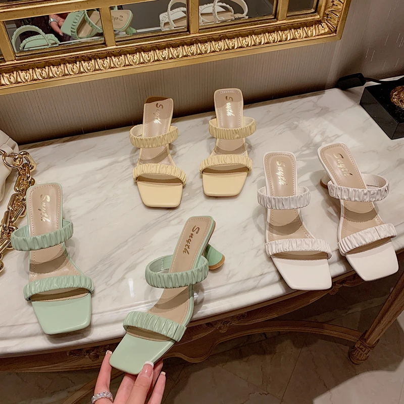 2022 Summer Women Slipper Fashion Pleated Open Toe Slip On Ladies Elegant Sandal Shoes Thin High Heel Outdoor Beach Slides Shoes