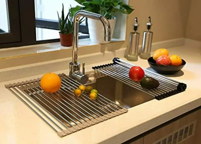 

Kitchen Folding Drain Rack Fold Dish Drainer Tray Stainless Sink Drain Basket Washing Vegetable Fruit Drying Rack Net Steel