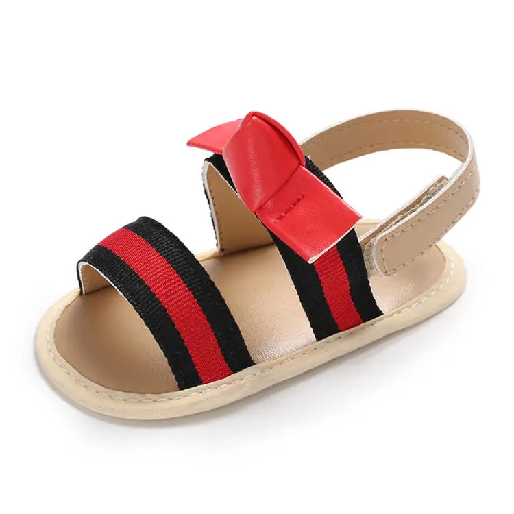 stripe red black Детские сандалии для девочек, искусственная кожа, в полоску, на липучке, хлопок, мягкая нескользящая подошва, повседневная детская обувь для младенцев, летние сандалии для младенцев 0-18 месяцев - Цвет: stripe red black