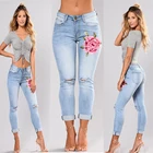 Женские эластичные джинсы с цветочной вышивкой, узкие джинсы с дырками, рваные джинсы с розовым узором, Pantalon Femme