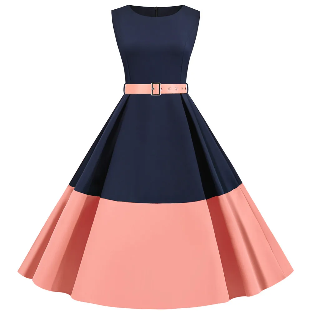 

2021 hot summer round neck sleeveless color matching casual party dress