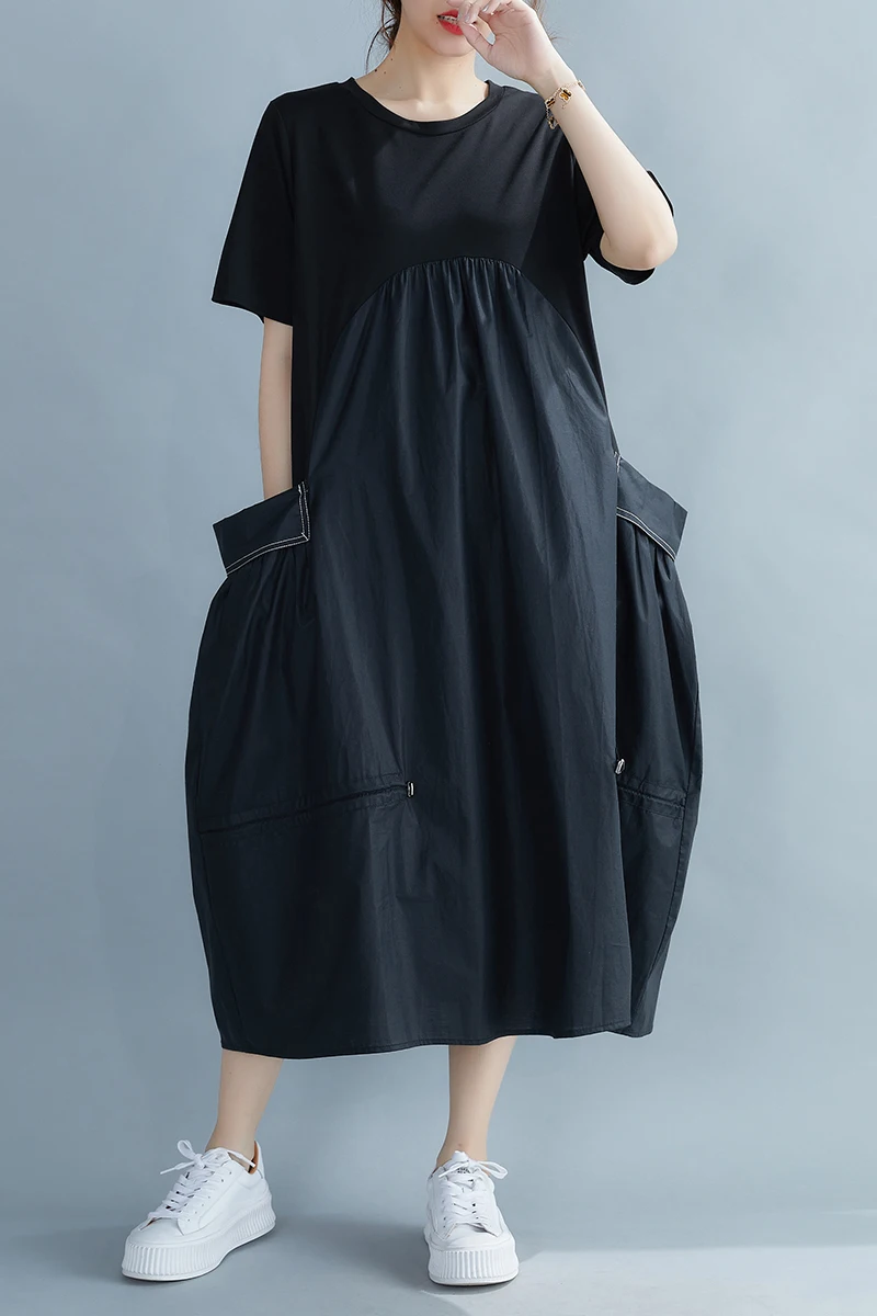 

COIGARSAM Patchwork Women dress New Summer Loose Dresses Black 9329