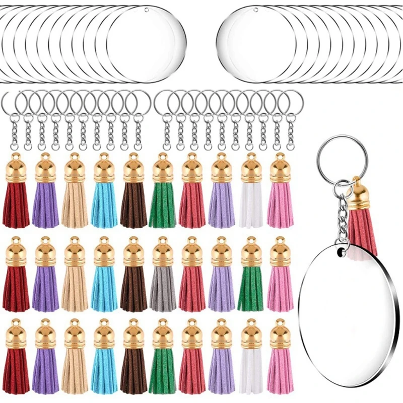 

120 Pcs Acrylic Keychain Blanks Kit for DIY Projects Crafts with Key Rings Jump Rings Round Clear Discs Circles Colorful Tassel