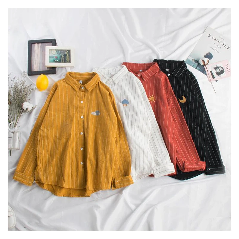 2019 Женская полосатая блузка в стиле каваи с вышивкой Луны корейские женские топы