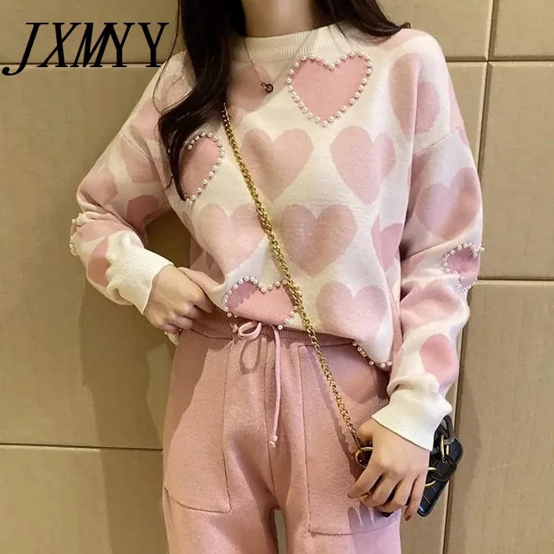 JXMYY Fashion Love Printed Knitted Two Peice Suit Women Long Sleeve Sweater Tops And Solid Colors Casual Pants Female |