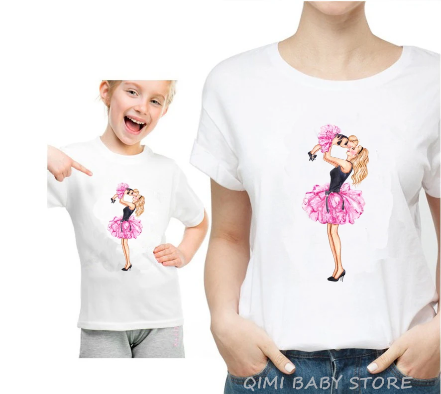 Fashion Mom And Daughter Harajuku White Tshirt Parent-child Clothing Casual Lovely Short Sleeve Women T shirt O-Neck Tees - Цвет: A5-White
