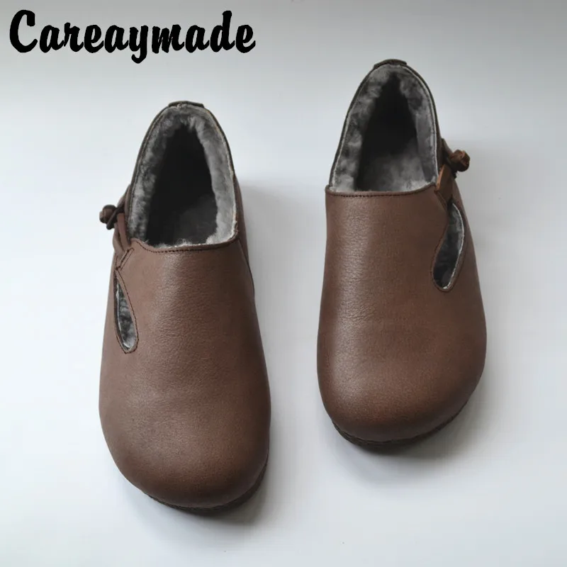 Careaymade-Winter leather sheepskin and wool integrated cotton shoes, women's retro literary and artistic soft sole wool shoes