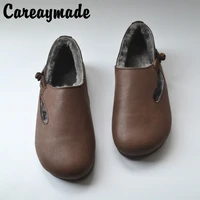 careaymade winter leather sheepskin and wool integrated cotton shoes womens retro literary and artistic soft sole wool shoes