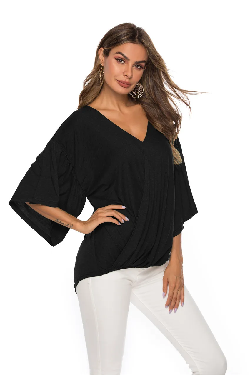

Women's summer T-shirt fashion sexy lotus leaf sleeve V-neck cotton T-shirt solid color casual loose large size women's shirt