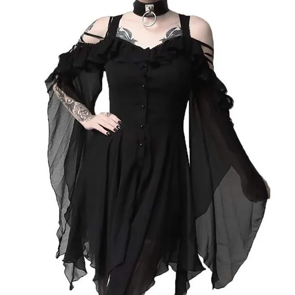 Christmas Dress Sexy Off Shoulder Flare Sleeve Halloween Women Irregular Button Party Dresses Fashion Black Blue Vestidos | Женская