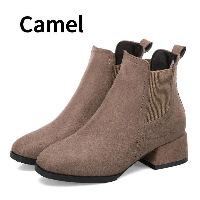 camel colour BIMUDUIYU ботинки «Челси»; Модные женские ботильоны; Качественная женская обувь на среднем каблуке; сезон осень-зима; Botas; большие размеры 35-43 - Цвет: camel colour
