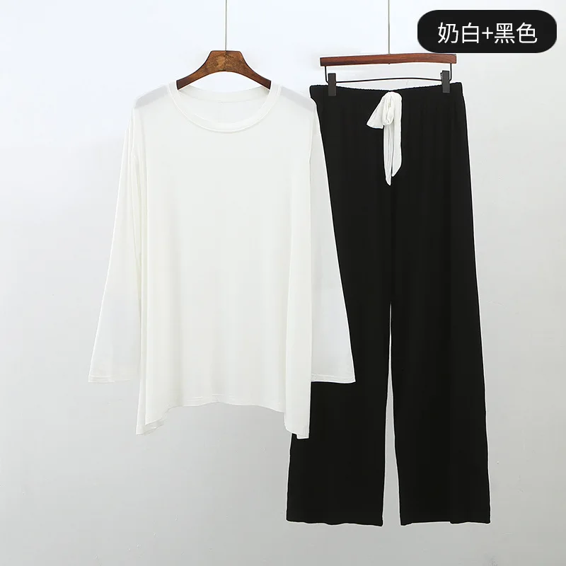 

Net Red Hit Color Pajamas Women Modal O- Neck Long-Sleeved Pijamas Two-Piece Sleepwear Loose Home Service Suit Sexy Underwear