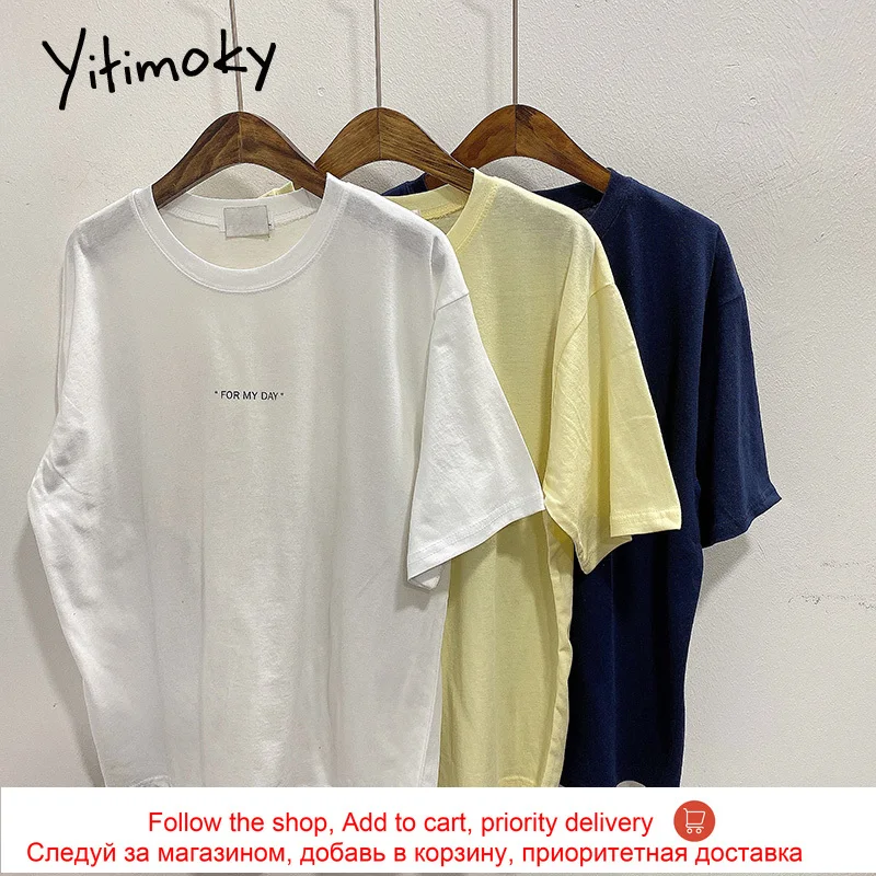 

Yitimoky Harajuku Letter Print T-Shirt Women Short Sleeve O-Neck Tees Loose Unicolor Clothes 2021 Summer Korean New Shirts White