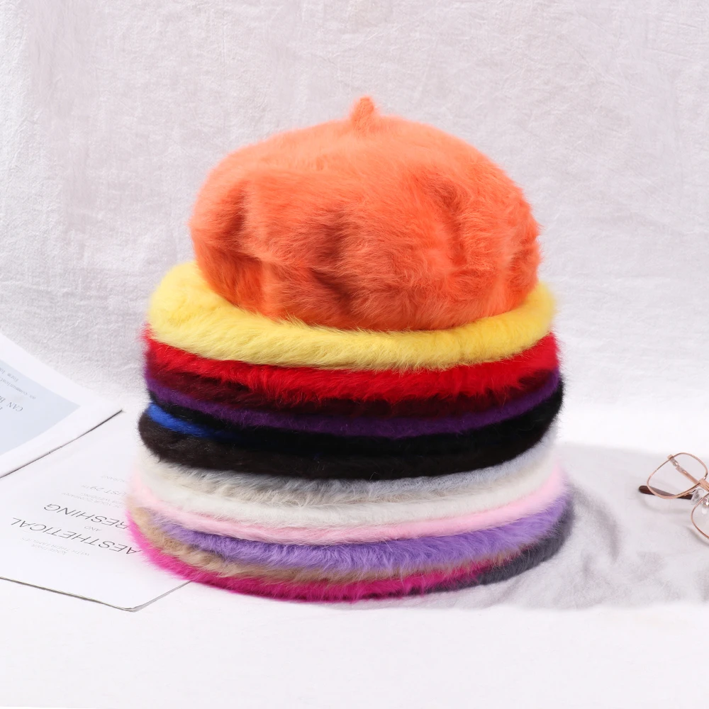 Берет женский из искусственного кроличьего меха ярких цветов | Аксессуары для