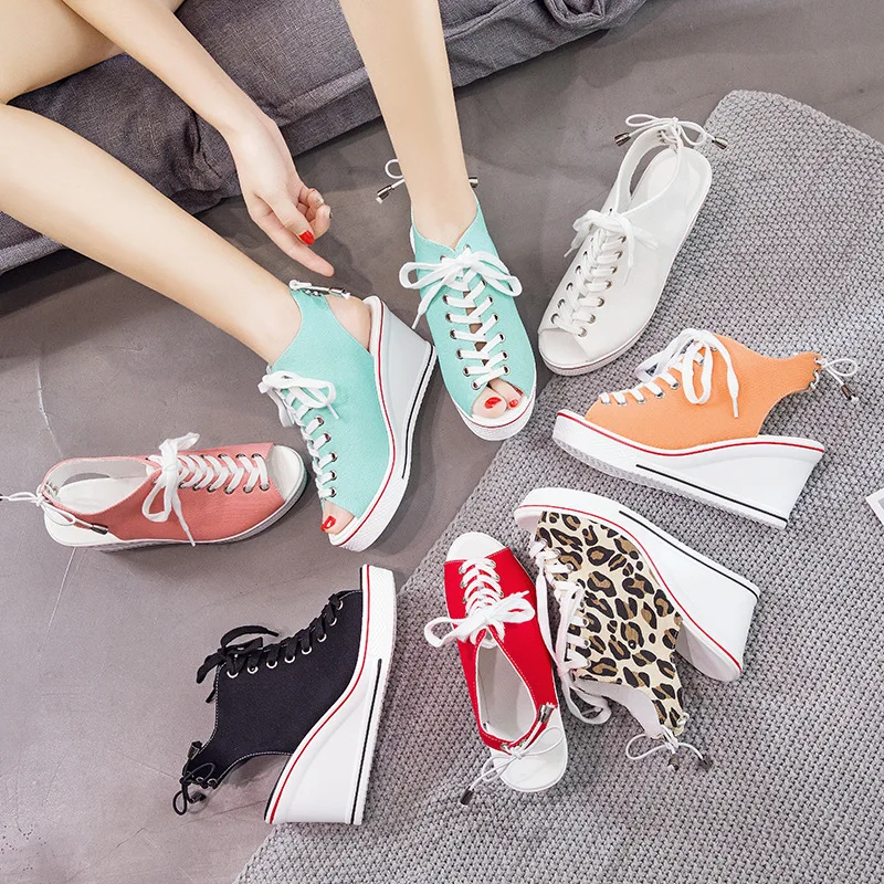

2020 New Fan Spring and Summer Canvas Shoes Slanted Heel Lace-up Casual Women's Shoes 8cm High Open-Toed Shoes Platform Sandals