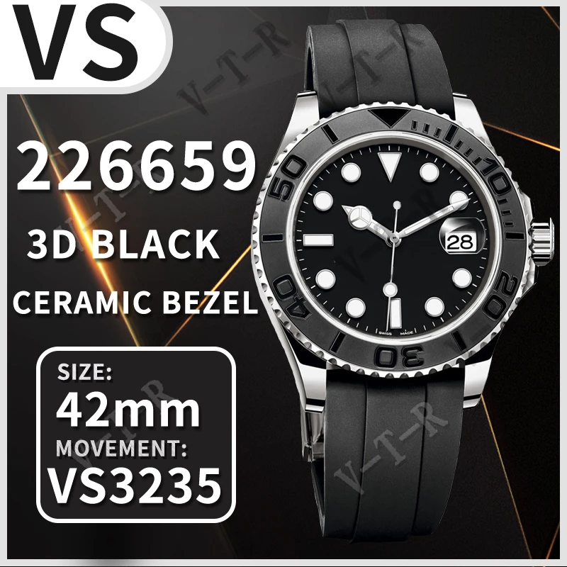 

Men's Mechanical Watch 42MM Yacht-Master 226659 VSF New 1:1 Best Edition 3D Black Ceramic Bezel on Black Rubber Strap VS3235