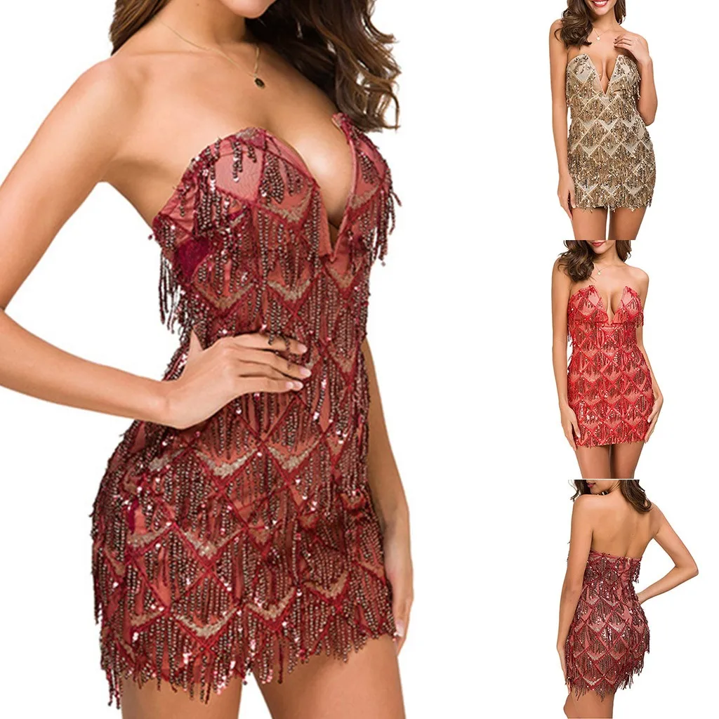 Новое модное женское сексуальное платье с блестками и v образным вырезом без