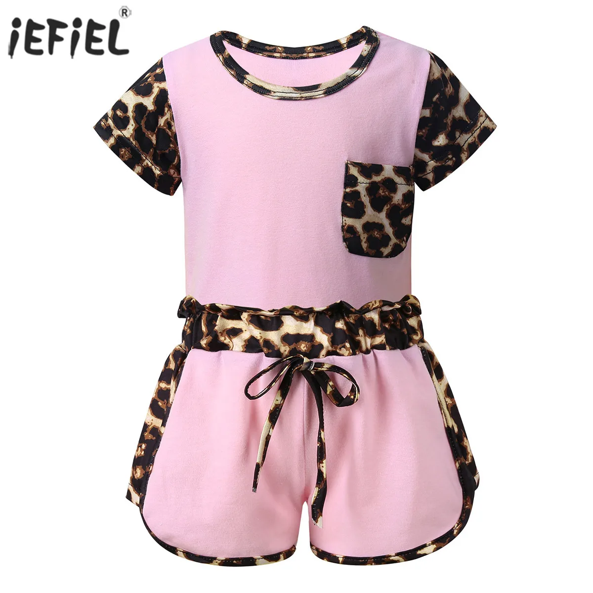 

Летняя одежда для девочек из 2 предметов футболка с короткими рукавами с леопардовым принтом и шорты на завязках спортивная детская одежда ...