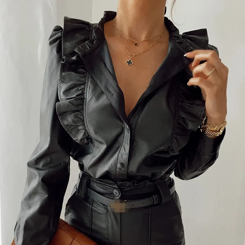 

Elegant Long Sleeve Shirt Sexy Black Button Vintage Blouse Stand Collar PU Leather Office Ladies Shirt Female Casual Top Blouses