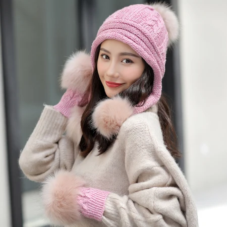 pink HT2673 толстый теплый зимний комплект для женщин Меховые помпоны шапка-ушанка шапка перчатки Набор Женский вязаный головной убор и перчатки женские зимние аксессуары - Цвет: pink
