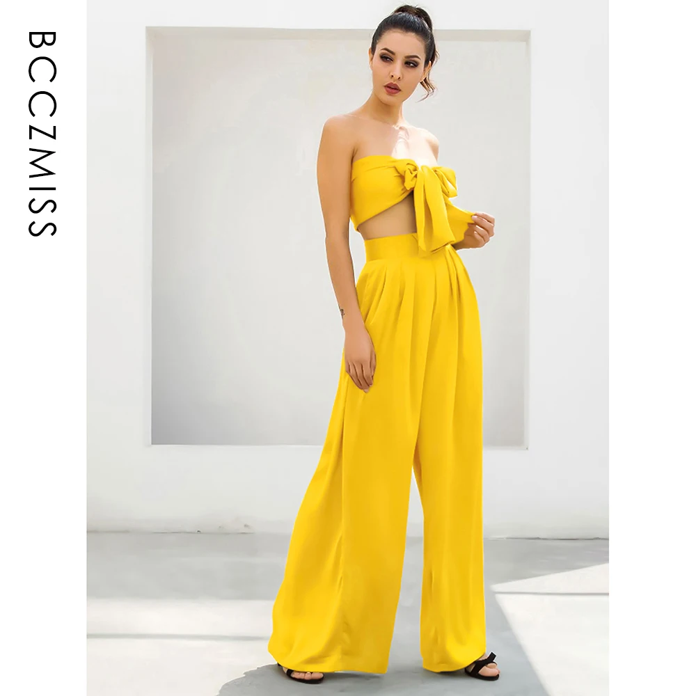 

Female Suits Yellow Flared Pants Sets Women Changeable Straps Two Pieces Sleeveless High Waist Party Lady Casual Bow Decoration