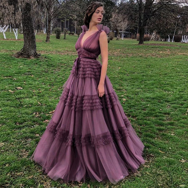 Bespoke Occasion Dresses Purple V-Neck Simple Luxurious Backless Floor-Length Sleeveless A-Line Women Formal Evening Gown H771