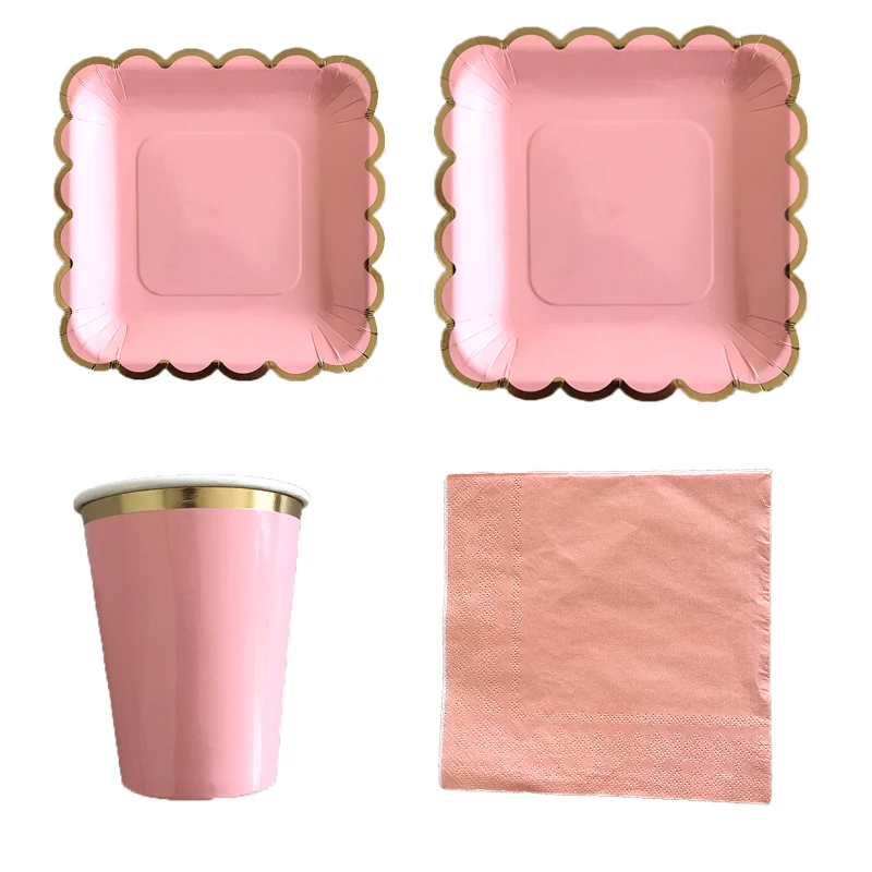 

64pcs/set Gilding Pink Disposable Tableware Theme Party Paper Plates Cups Birthday Wedding Party Supplies Christmas Decoration