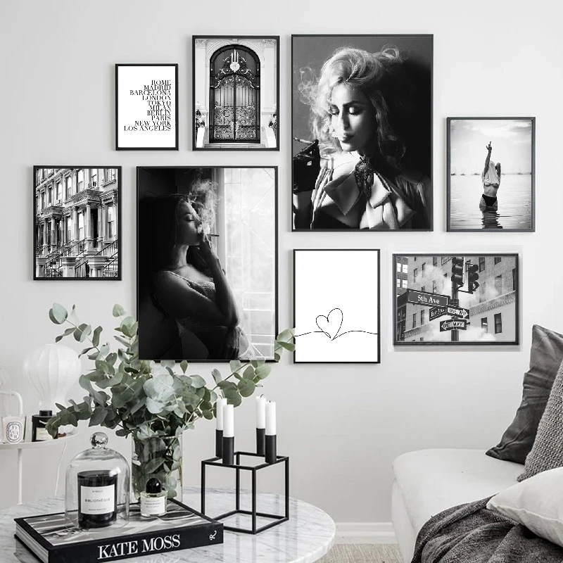 

Архитектурный пейзаж, черный, белый, сексуальная девушка, модный плакат на холсте, живопись, настенный художественный принт, декоративная к...