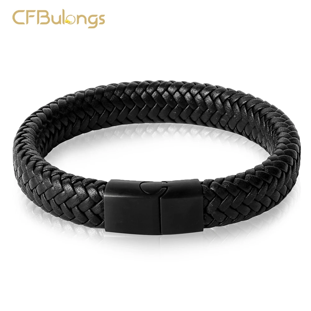 

CFBolongs Punk Men Braided Leather Bracelet Black Stainless Steel Magnetic Buckle Fashion Jewelry Couple Gift