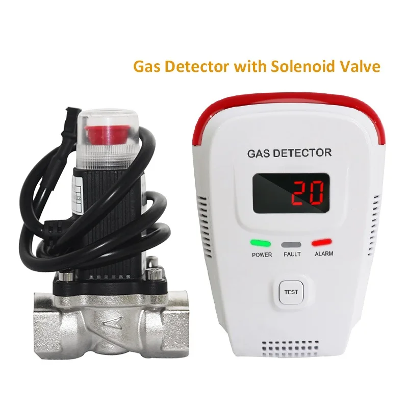 Natural LPG Gas Leak Sensor Detector with DN15 DN20 Solenoid Valve Pipeline Methane Leakage Digital LED Alarm Safety