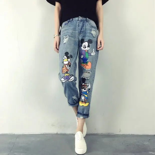 Женские джинсы корейские женские весна лето новые Мультяшные свободные Bf
