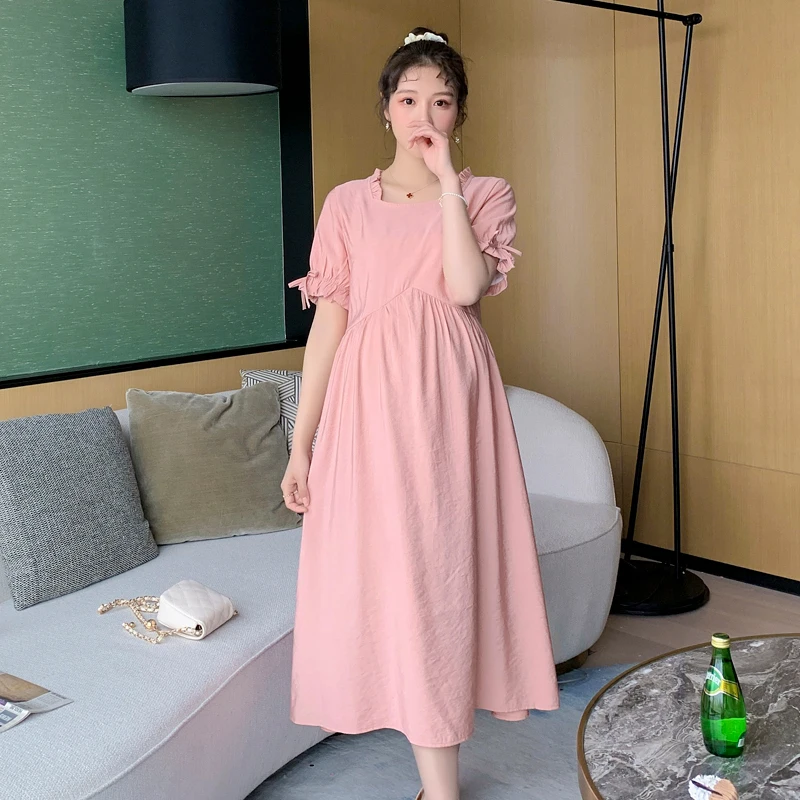 

5517# 2021 Summer Sweet Korean Fashion Maternity Long Dress Pink A Line Solid Loose Clothes for Pregnant Women Elegant Pregnancy