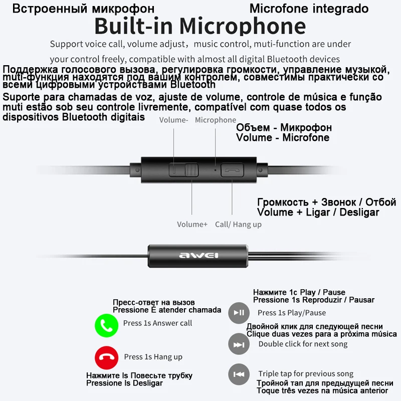 Awei стерео спортивные наушник наушники проводные вкладыши для телефона