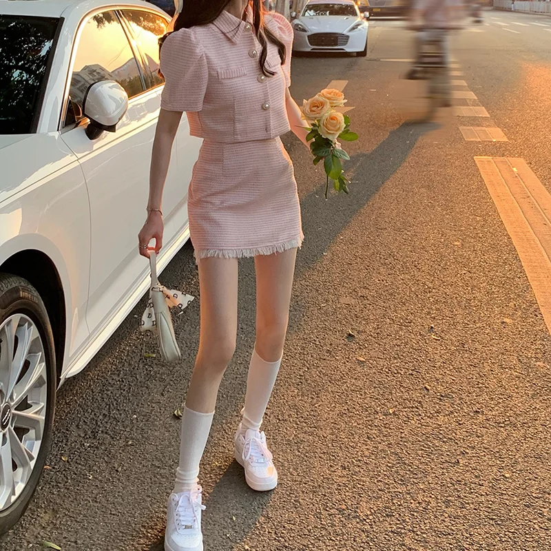 

Korean Outfits Harajuku Summer Pink 2 Two Piece Set Women Short Sleeve Crop Top and High Waist Mini Skirt Kawaii Cute Girl Suits