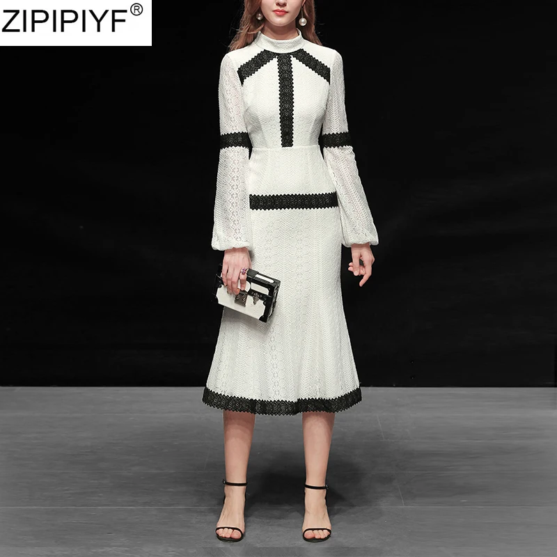 2020 лоскутное кружевное платье для женщин с воротником стойкой длинным рукавом