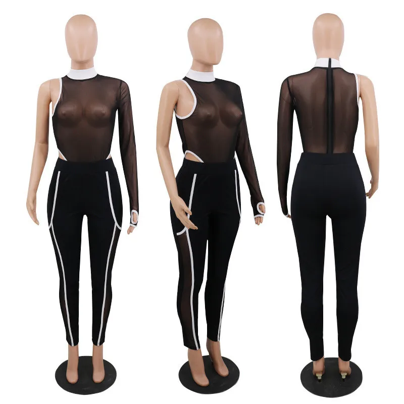 Adogirl Color Patchwork Trim Sexy Two Piece Set Jumpsuit One Shoulder Long Sleeve Sheer Mesh Bodysuit Pencil Pants Club Suits | Женская