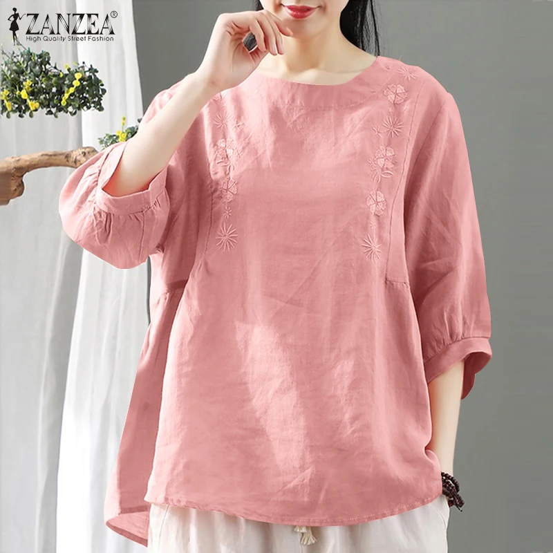

ZANZEA Summer Embroidery Blouse Women Vintage 3/4 Sleeve Cotton Tops Elegant Floral Shirt Casual Solid Work Blusas Oversize