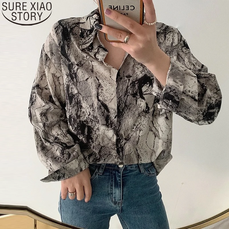 

Gentle Loose Blouses Long Sleeve Shirts Women Tops Mujer Clothes 2021 Autumn Korean Vintage Print Abstract Painting Shirt 16858