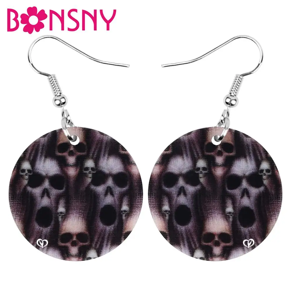 Bonsny Acrylic Halloween Horror Skull Skeleton Head Round Earrings Drop Dangle Festival Decorations Jewelry Women Girl Teen Gift | Украшения