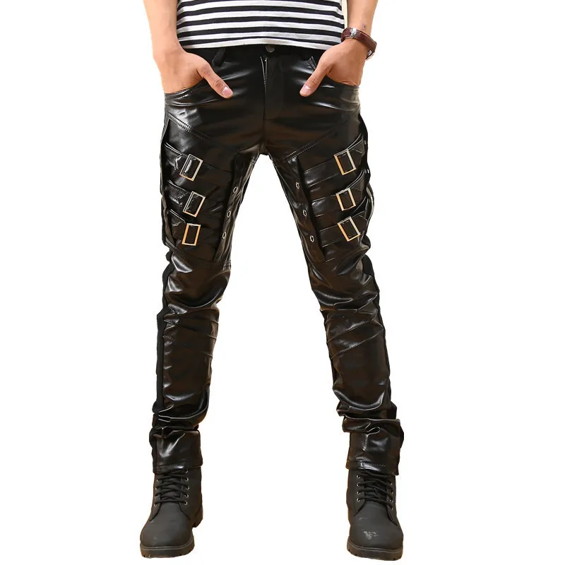 

Korean Gothic Punk Fashion Faux Leather Pants Man Leather Trousers Male 2019 New Arrival Mens Pu Buckles Hip Hop Applique Black