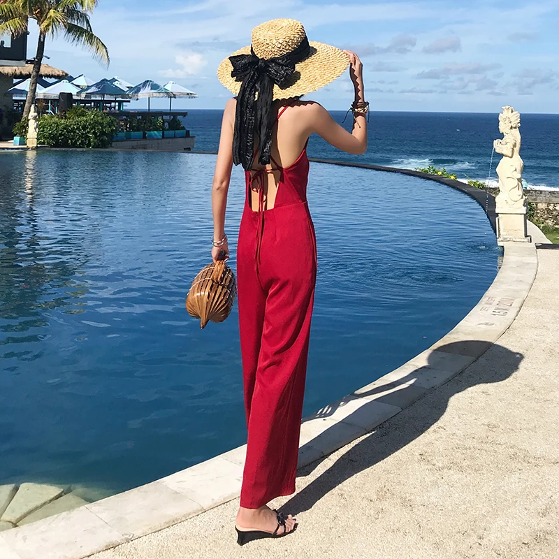 Летний Бургундский женский комбинезон элегантный тропический с широкими