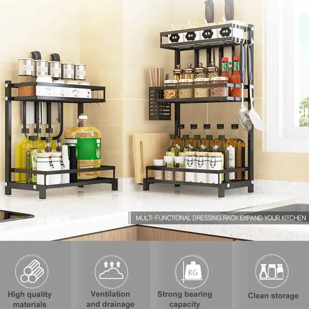 

Standing Spice Rack 2 Tier Spice Bottle Jars Storage Shelf with 3 Hooks Perfect for Holding Kitchen Utensil