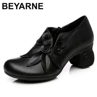 BEYARNE 2020 National Wind Women Shoes Genuine Leather High Heel Shoes Round Toe Thick Heel Shoes Business Work Shoes Women