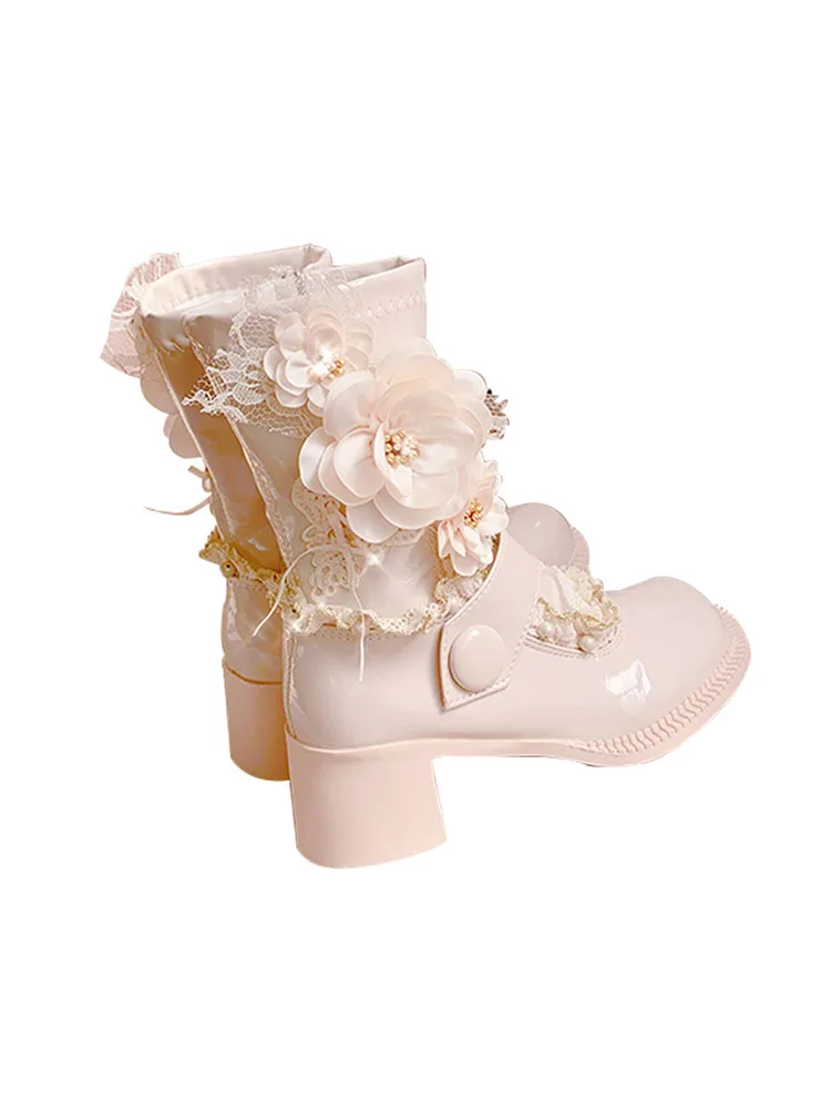 

Sweet Women's Cream-white Mid-calf Boots Round Toe Med Heels Shoes Appliques Beads Decoration L1
